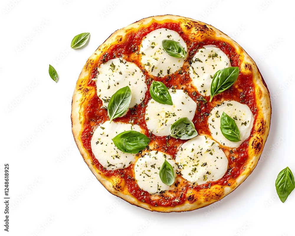 Margherita pizza with fresh basil leaves isolated on white background Margherita pizza with fresh basil leaves isolated on white background