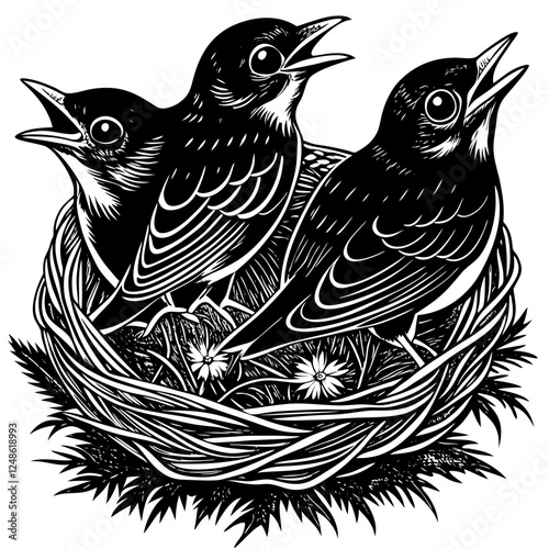 hungry baby Robins in a nest wanting the mother bird to come and feed