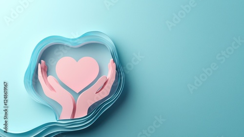 Paper cut hands holding pink heart on layered turquoise background, love and care concept art