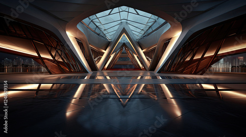 Futuristic City Architecture at Night with Geometric Reflections