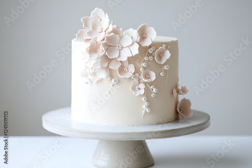 A stunning vanilla cake in soft blush tones features handcrafted sugar flowers cascading down one side. Edible pearls enhance its elegance, perfect for celebrations