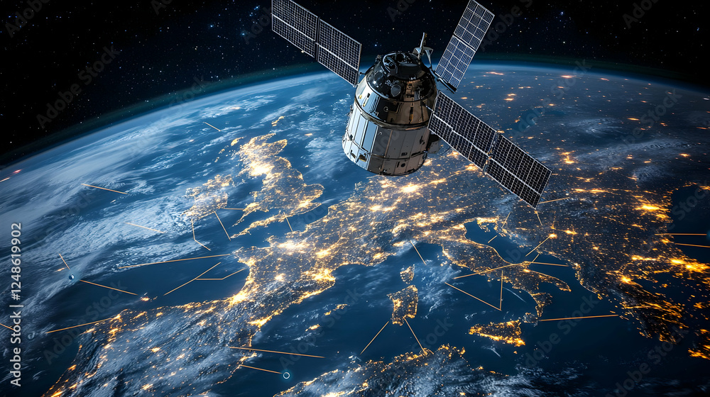 Satellite orbiting Earth, night view of Europe. Communication, technology, space exploration Satellite orbiting Earth, night view of Europe. Communication, technology, space exploration