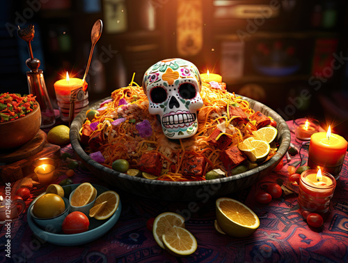 Vibrant Day of the Dead Ofrenda with Sugar Skull and Festive Food