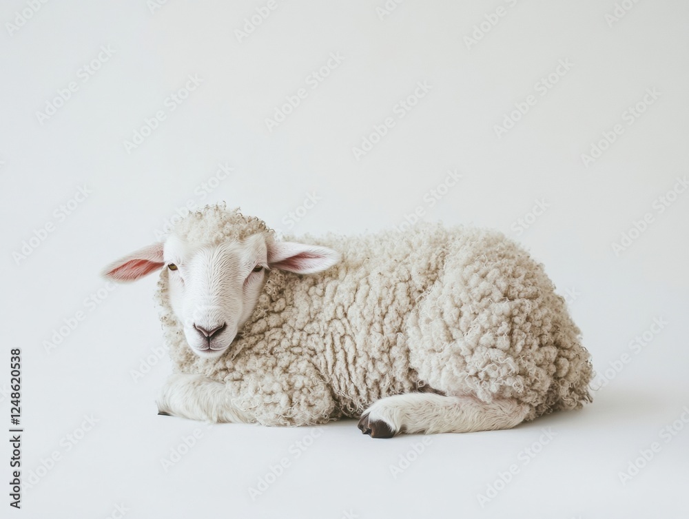 Fototapeta premium Sheep resting peacefully on a white background in a tranquil indoor setting