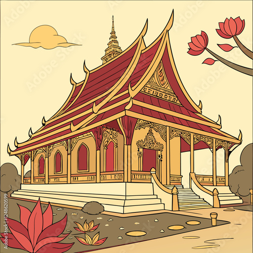 The Beauty of Lao Temples – Ornate Roofs and Golden Statue