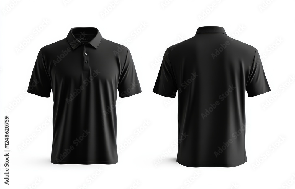 The front and back views of a black polo shirt presented on a white background The front and back views of a black polo shirt presented on a white background