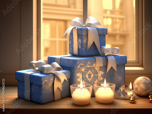 Stack of Blue Wrapped Gifts with Burning Candles on Wooden Sill
