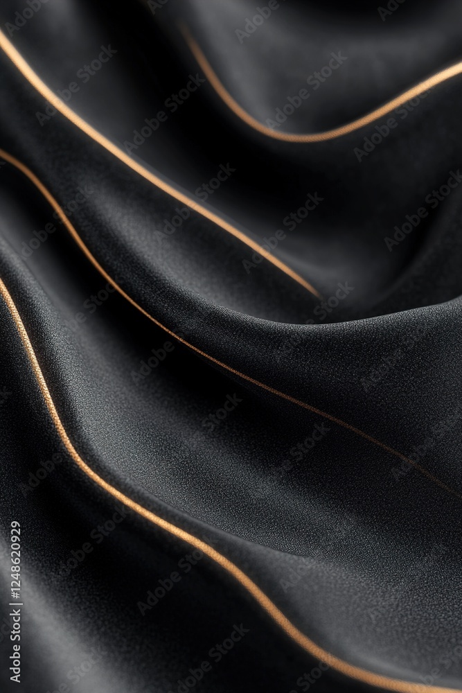 Obraz premium Soft-focus black velvet reveals gentle folds illuminated by golden light streaks, enhancing a premium and elegant ambiance perfect for fashion, events, or interior design