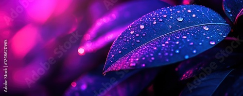 Dew-kissed leaves, vibrant neon backdrop, nature