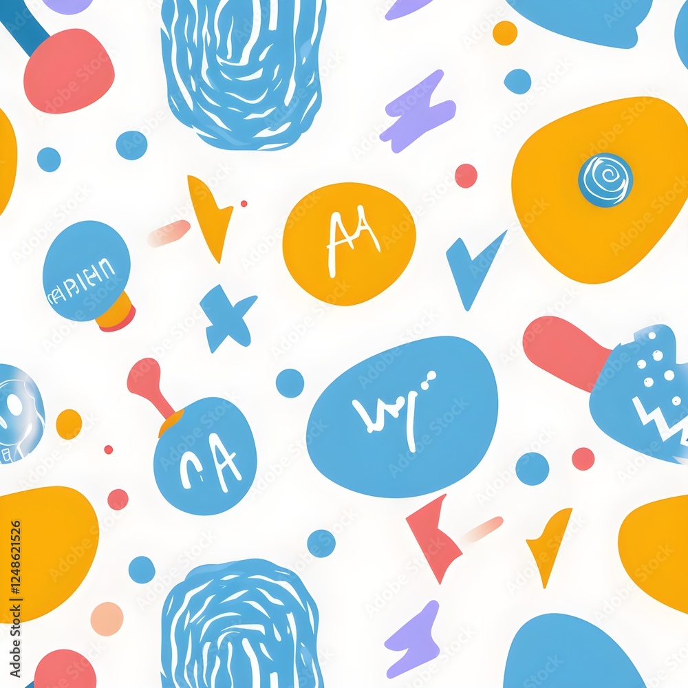 abstract illustration of seamless pattern of whimsical hand-drawn shapes and icons in soft pastel hues abstract illustration of seamless pattern of whimsical hand-drawn shapes and icons in soft pastel hues
