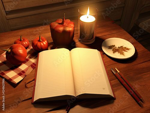 Autumn Still Life with Candlelight and Open Book