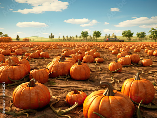 Abundant orange pumpkins in a vast autumn field under a bright sky