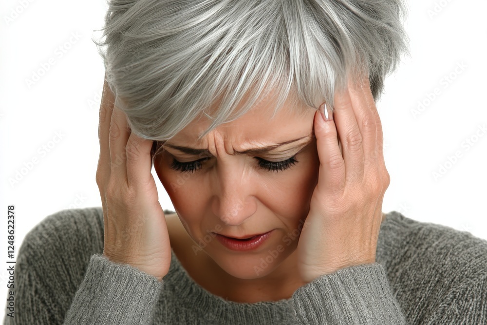 A woman who has gray hair is holding her head in pain and discomfort A woman who has gray hair is holding her head in pain and discomfort
