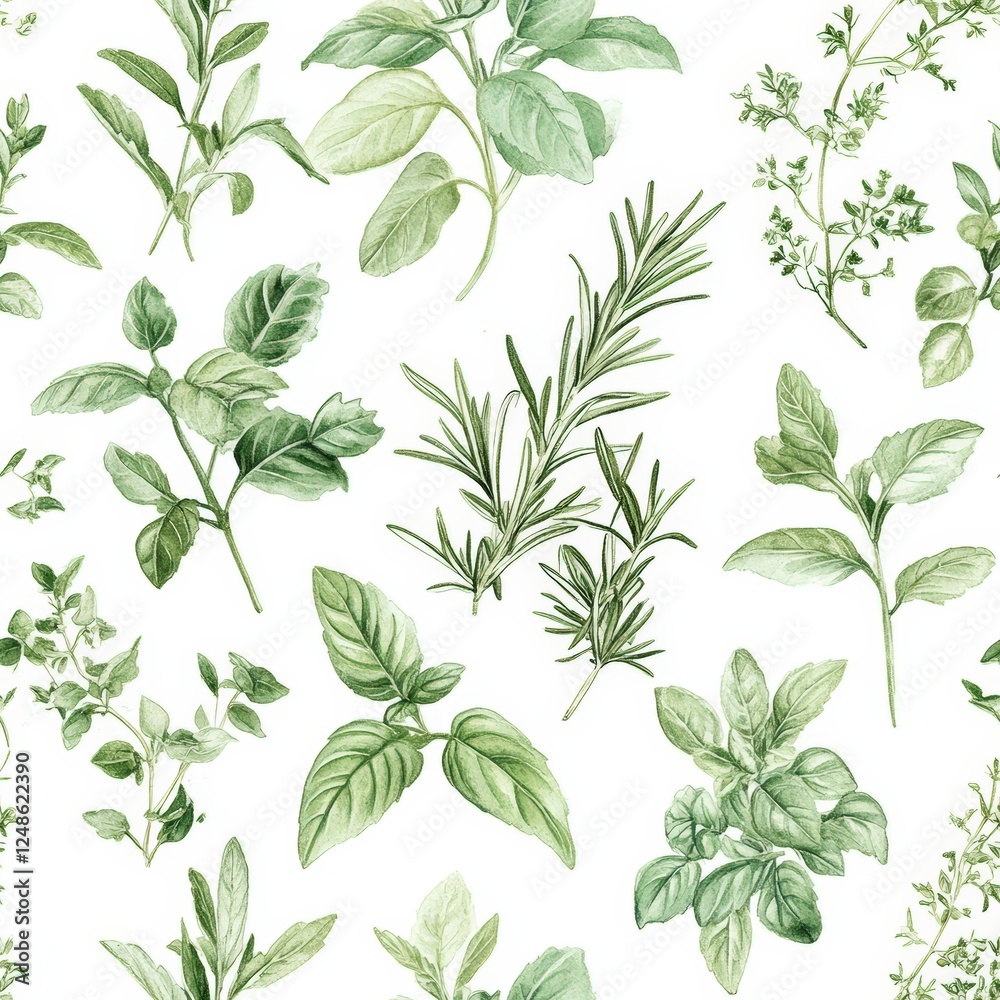 Seamless Pattern Featuring Various Herbs Including Rosemary, Basil, Thyme, Mint, and Oregano on Soft White Background for Culinary and Decorative Use