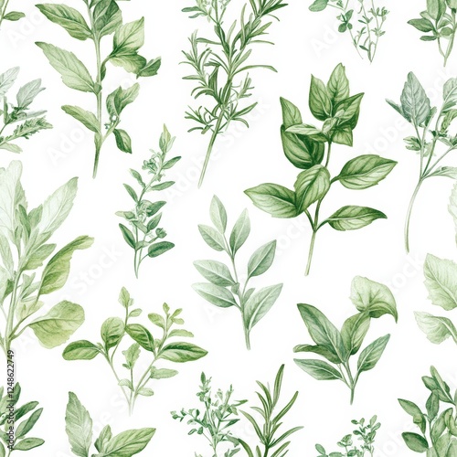 Wallpaper Mural Seamless Pattern Featuring Various Hand-Drawn Herbs Such as Rosemary, Basil, Thyme, and Mint on a White Background for Elegant Design Applications Torontodigital.ca