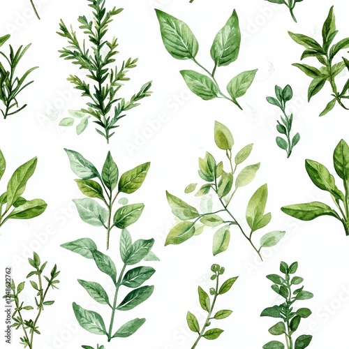 Seamless Watercolor Pattern Featuring a Variety of Herbs and Leaves for Illustrations, Textiles, and Backgrounds in Natural Style