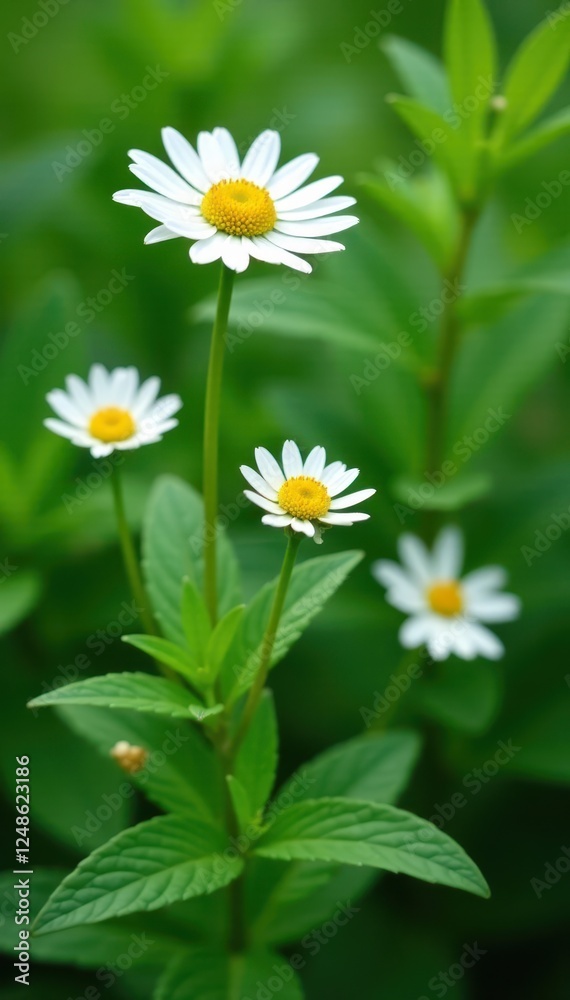 Fototapeta premium Delicate chamomile blossoms and lush green leaves , leaves, natural, wildflower