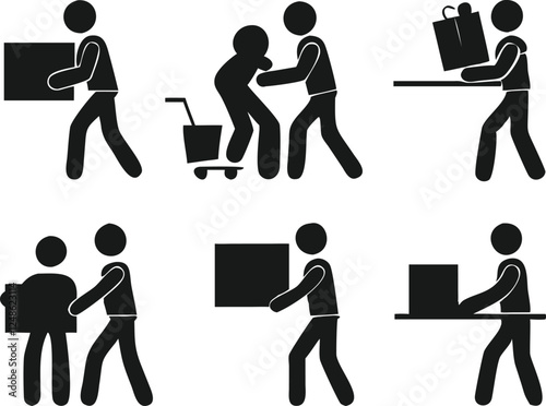 A collection of simple stick figure illustrations depicting various scenarios of teamwork in logistics, showing people carrying boxes, packages, and items.