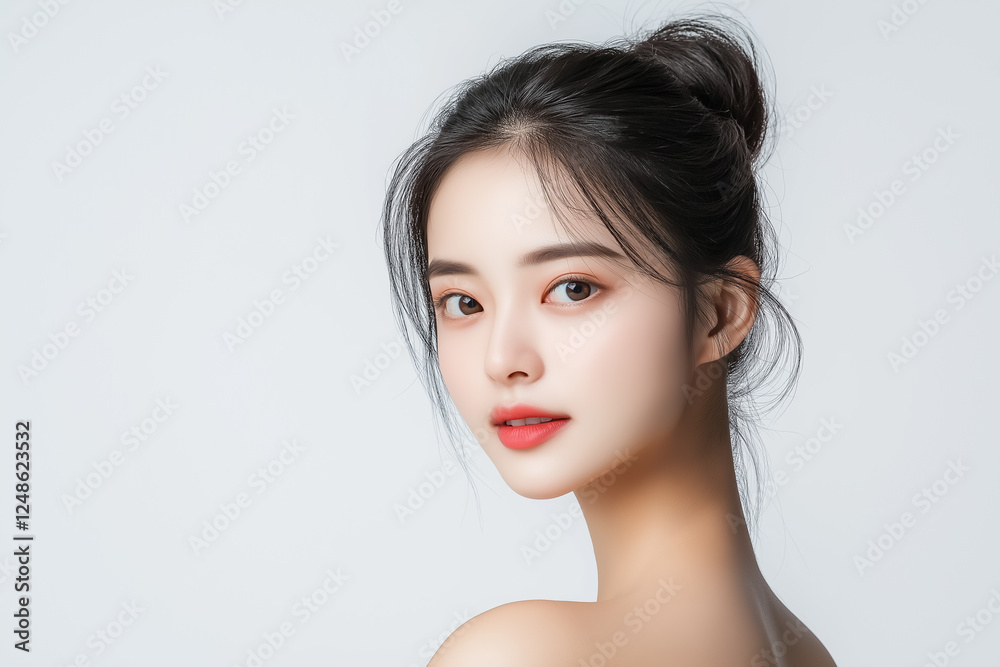 Fototapeta premium A beauty portrait of a young Asian woman with a bright, cheerful smile, her hair flowing softly over her shoulders, dressed in a light pastel top on a white background