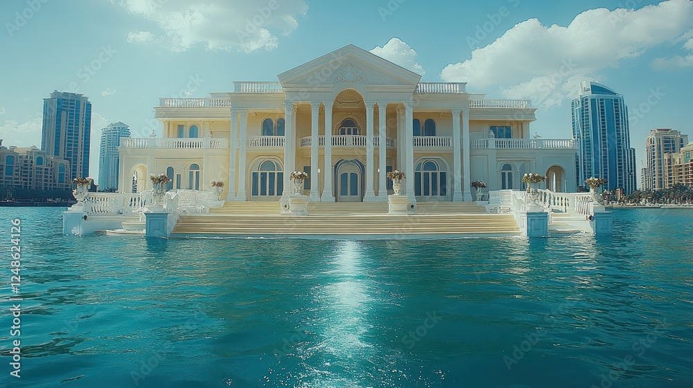 Naklejka premium Opulent Waterfront Mansion: A Luxurious Oasis in the City