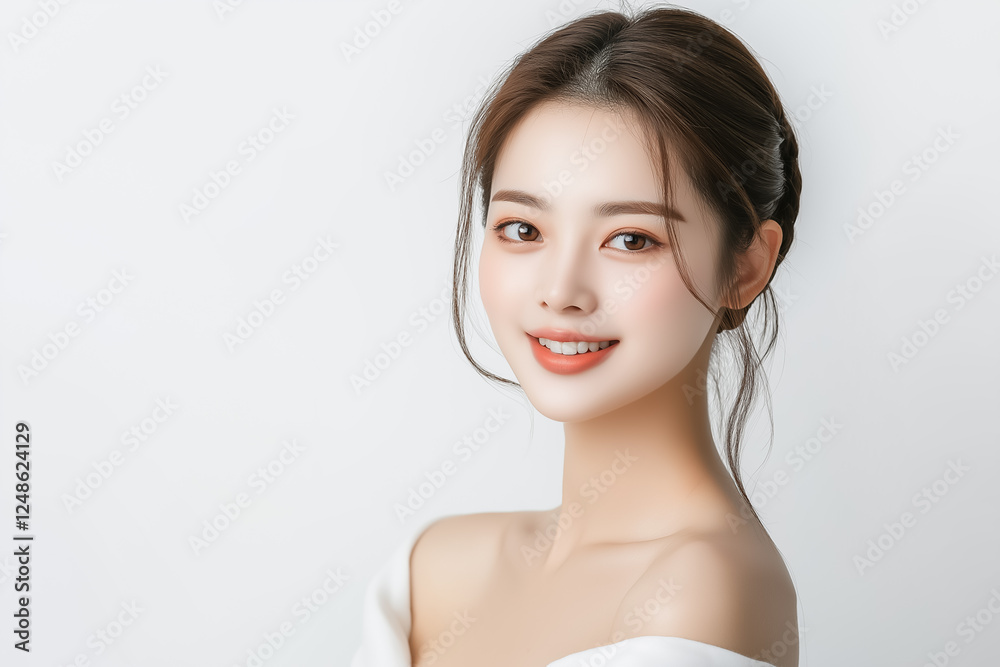 A beauty portrait of a young Asian woman with a soft expression, her hands gently touching her chin, dressed in a white dress on a pure white background A beauty portrait of a young Asian woman with a soft expression, her hands gently touching her chin, dressed in a white dress on a pure white background