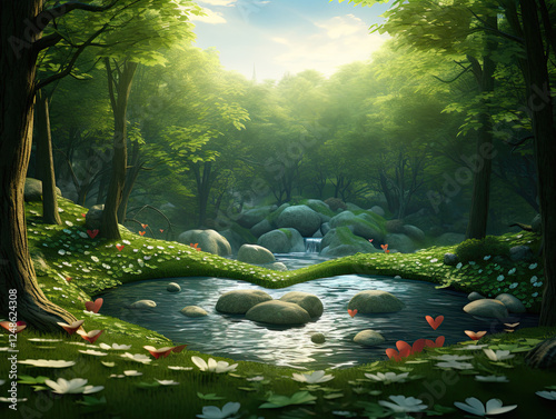 Heart-Shaped Stream in a Sunlit Forest, Peaceful Nature Scene