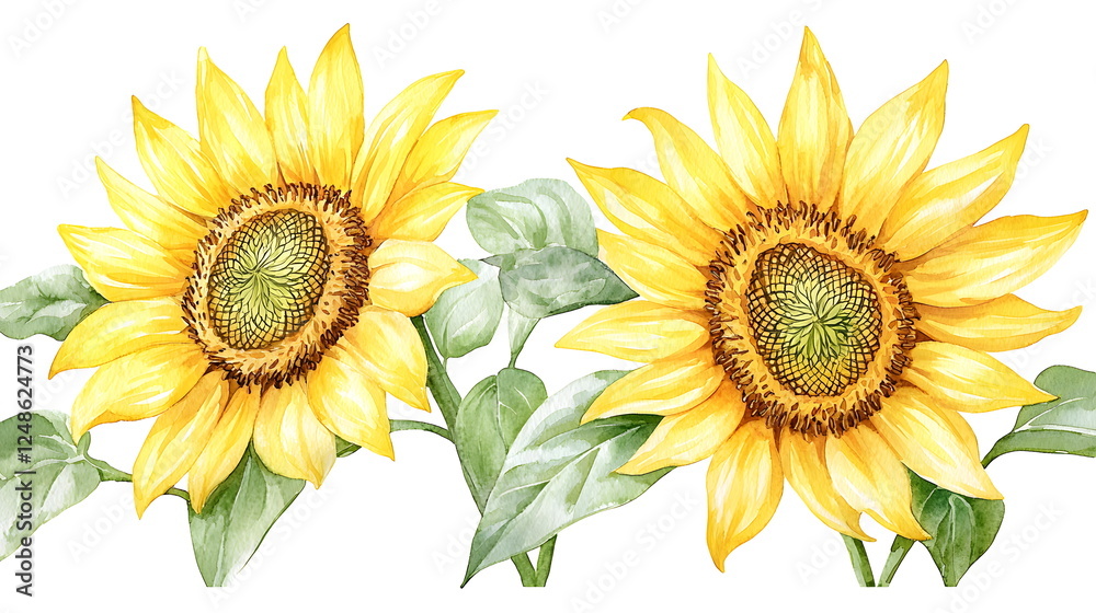 Obraz premium Bright sunflowers blooming with lush green leaves against a transparent background.