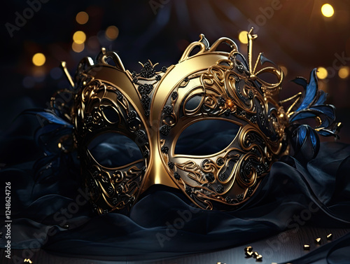 Elegant Gold and Blue Venetian Mask on Dark Fabric