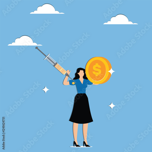 Businesswomen injected with money to become stronger, economic stimulus, quantitative easing, monetary or economic policy, health care costs