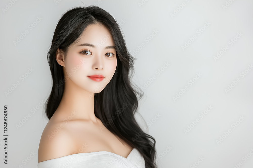 A beauty portrait of a young Asian woman with long, sleek black hair cascading over her shoulders, her expression serene, against a white background
