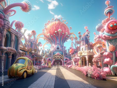 Whimsical Fantasy Cityscape with Pastel Colors and Unique Architecture