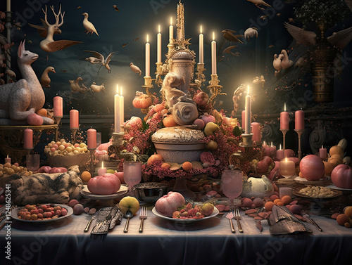 Opulent Still Life with Candlelight and Flying Animals