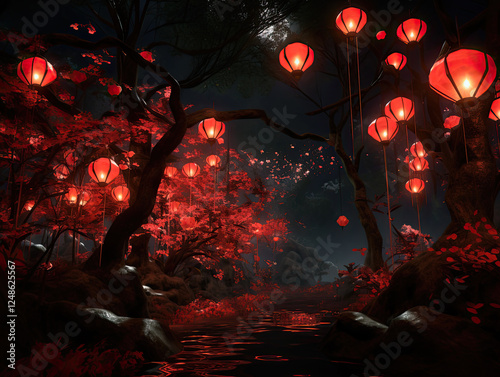 Enchanted Forest at Night with Glowing Red Lanterns and Red Leaves