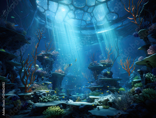 Mystical Underwater Realm with Sunbeams Illuminating Vibrant Coral Reef