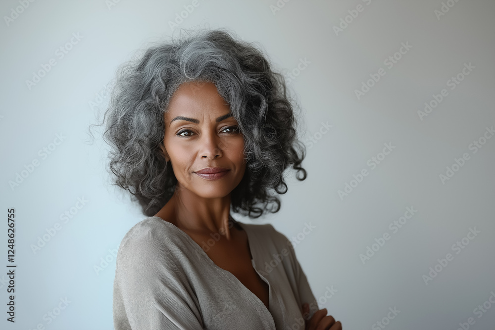 Fototapeta premium A beauty portrait of an elderly African American woman with elegant, graying curls and a serene expression, wearing a neutral-colored blouse, on a white background