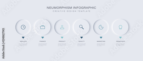 6 circular elements placed in horizontal row. Concept of 3 steps to startup project launch. Neumorphic infographic design template.