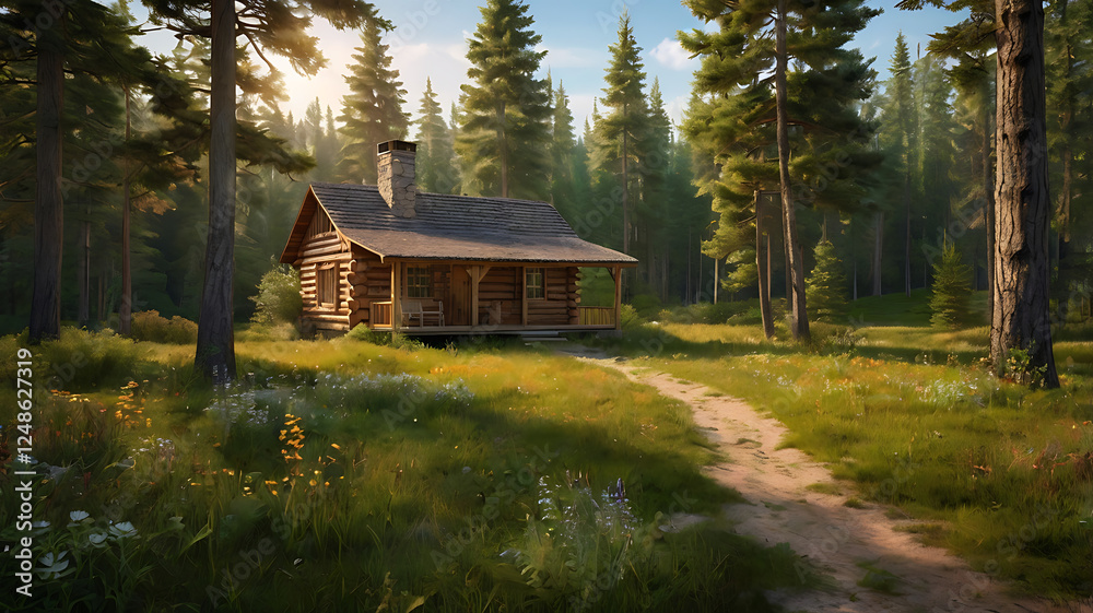 Wooden Log Cabin with green field Wooden Log Cabin with green field