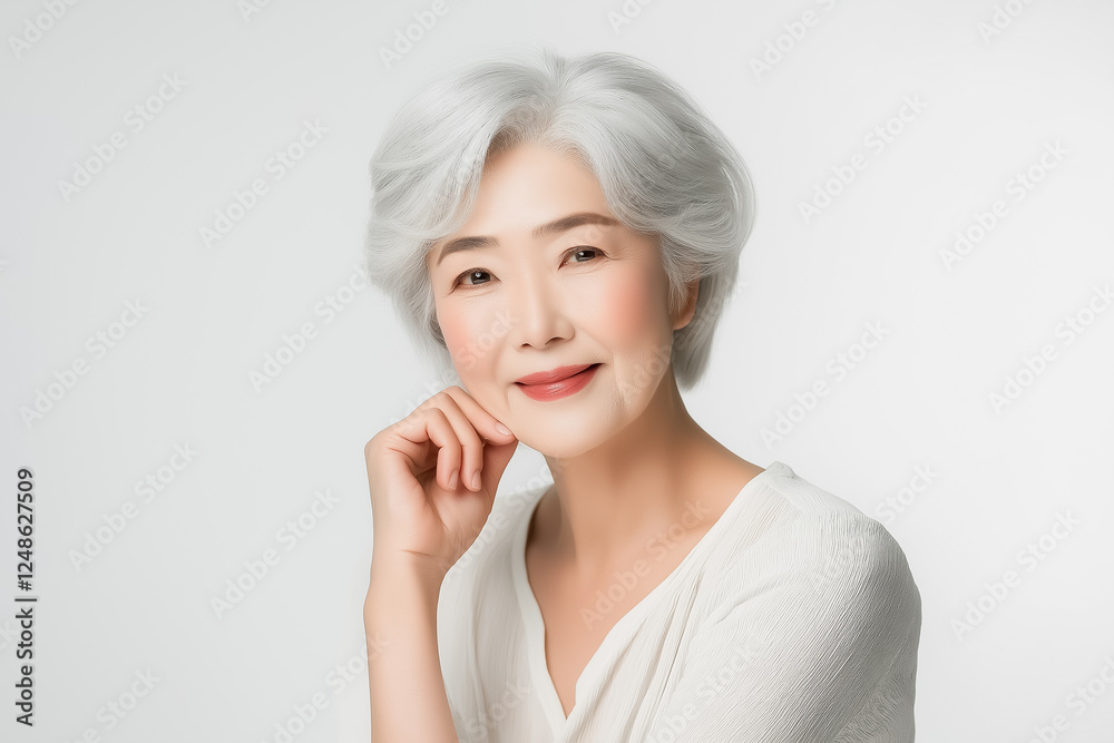 A beauty portrait of an elderly Asian woman with a joyful expression, her silver hair glowing softly, dressed in a light blouse on a pristine white background A beauty portrait of an elderly Asian woman with a joyful expression, her silver hair glowing softly, dressed in a light blouse on a pristine white background