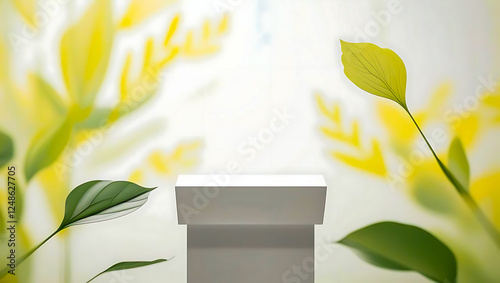 Stone podium with tree branches and green spring leaves on white background. Stone podium for the product on a green spring plant leaves front view background.