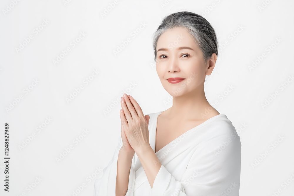 A beauty portrait of an elderly Asian woman with a serene smile, her hands gently resting on her chest, dressed in soft light clothing on a snow-white background A beauty portrait of an elderly Asian woman with a serene smile, her hands gently resting on her chest, dressed in soft light clothing on a snow-white background