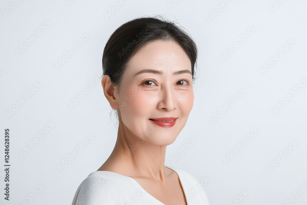 A beauty portrait of an elderly Asian woman with graceful aging lines, her expression calm and reflective, dressed in soft light attire on a white background A beauty portrait of an elderly Asian woman with graceful aging lines, her expression calm and reflective, dressed in soft light attire on a white background