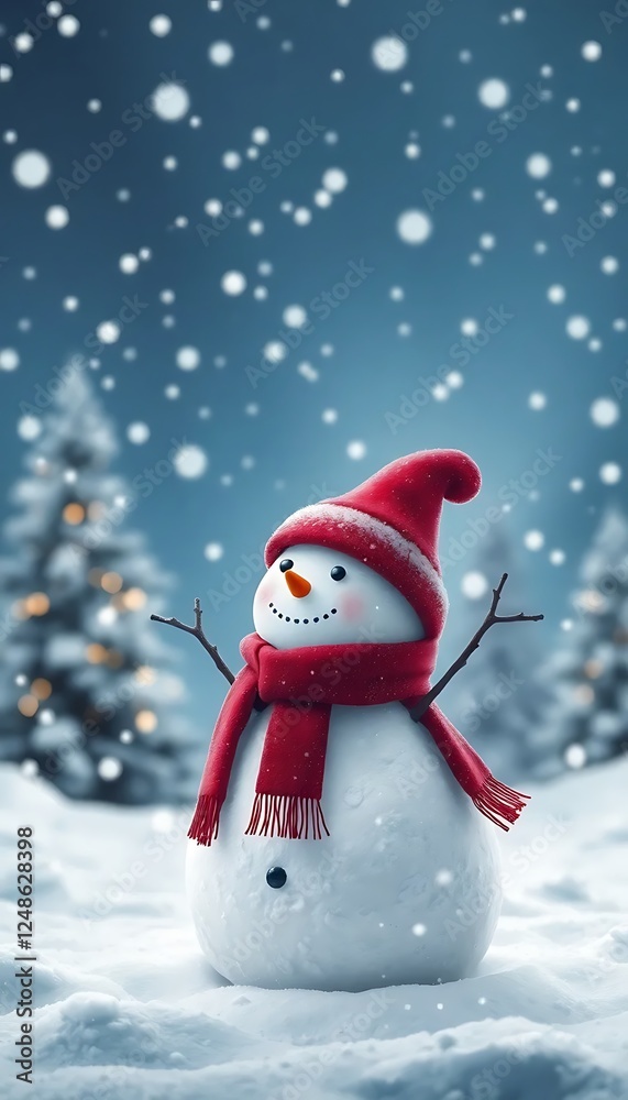 Fototapeta premium An Adorable Snowman A Red Hat A Snowy Winter Wonderland