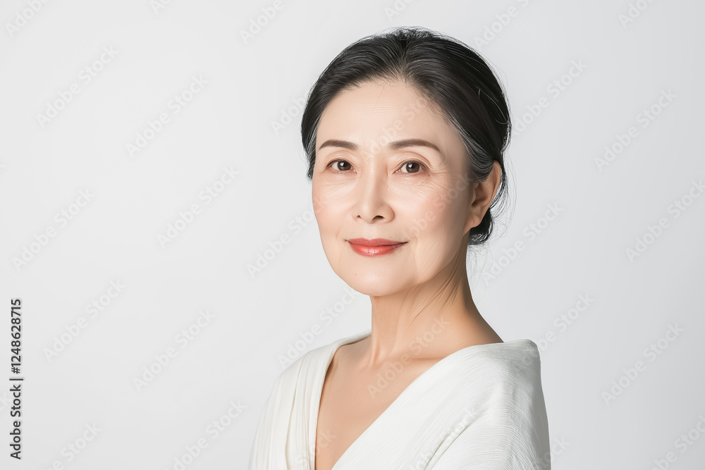A beauty portrait of an elderly Asian woman with radiant skin and a warm expression, her light clothes blending with the snow-white background A beauty portrait of an elderly Asian woman with radiant skin and a warm expression, her light clothes blending with the snow-white background