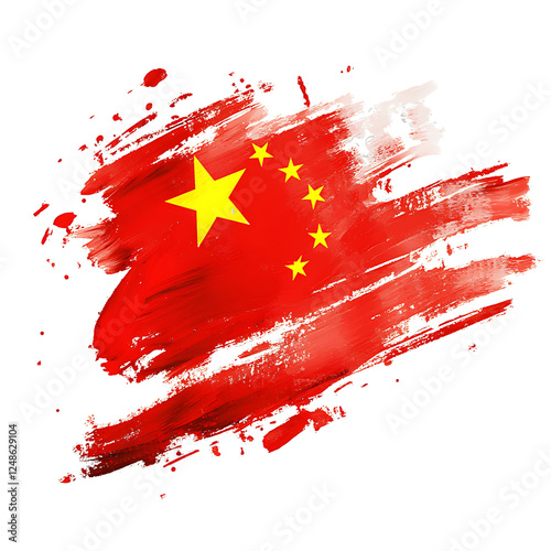Abstract China flag in a paint brush stroke, isolated on a transparent background
