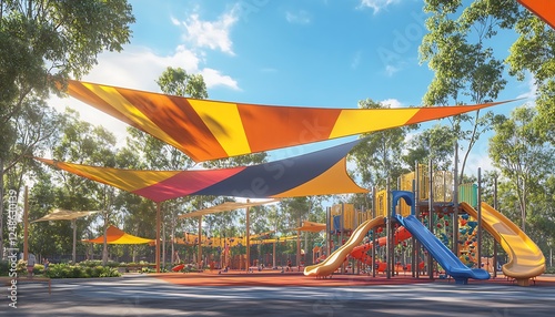 A bright and airy playground under a large canopy of shade sails equipped with slides and climbing walls