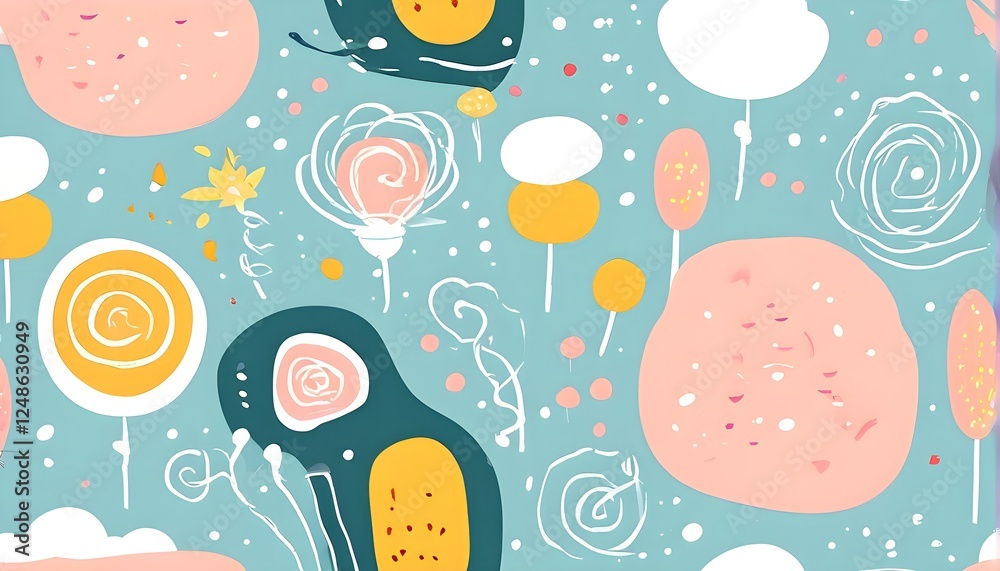 Fototapeta premium abstract illustration of seamless pattern of whimsical hand-drawn shapes and icons in soft pastel hues