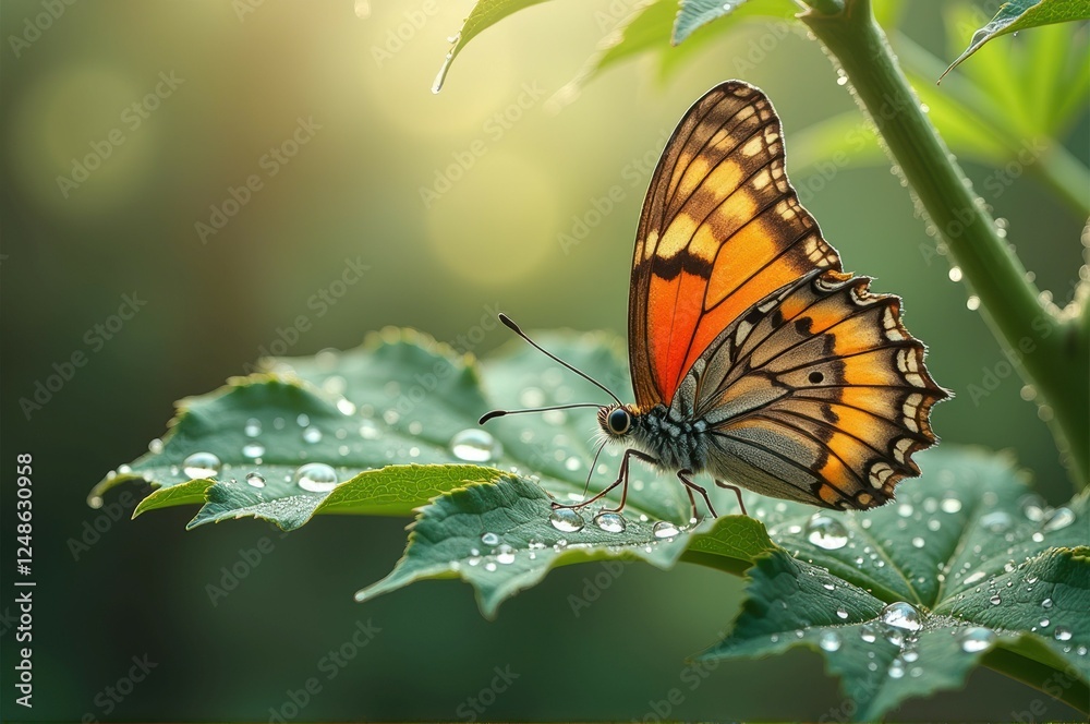 Obraz premium Vibrant orange butterfly resting on dew-kissed green leaf in sunlight