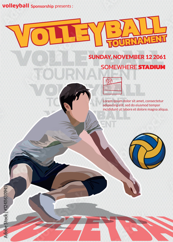 Attractive Volleyball Tournament Poster with illustration of volleyball player chasing volleyball and attractive tournament logo, and very attractive, very elegant gold title for sporty and active.14