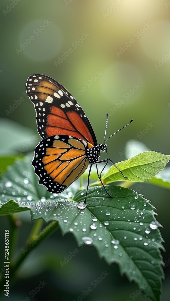 Fototapeta premium Vibrant monarch butterfly resting on dew-covered leaf in sunlight