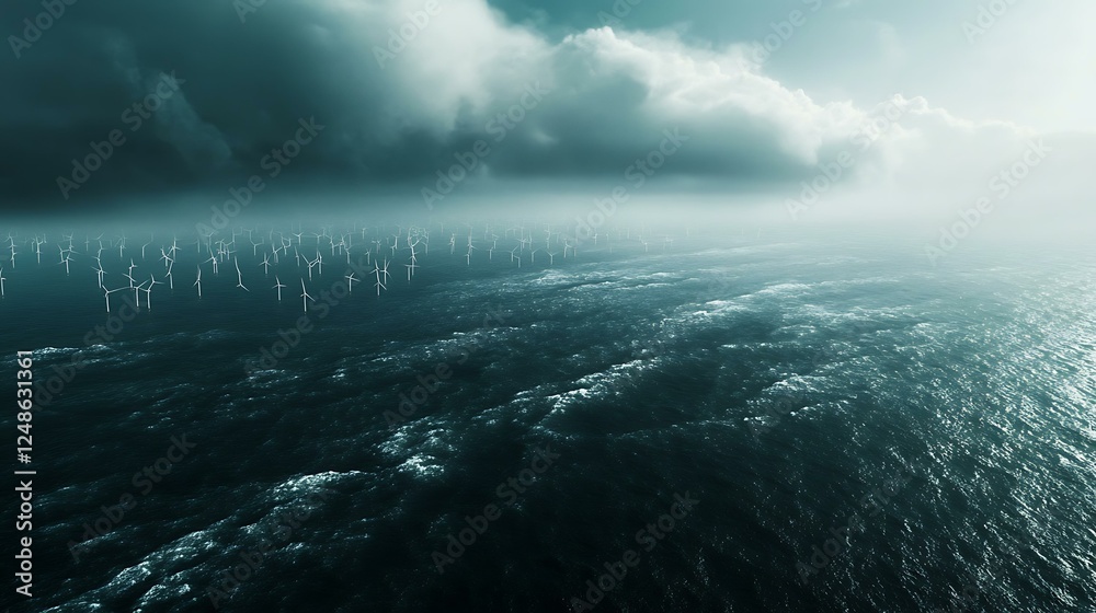 Fototapeta premium Aerial view of a vast offshore wind farm, with dozens of turbines stretching toward the horizon